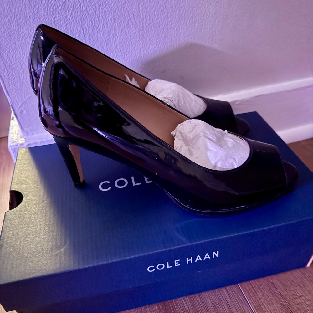 Cole Haan Women's Black Patent Peep Toe Heels